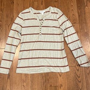 Ribbed Henley, tan with a darker tan and burnt orange stripes